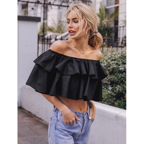 Rouge! Tops - Flounce Layered Off Shoulder Black Crop Top